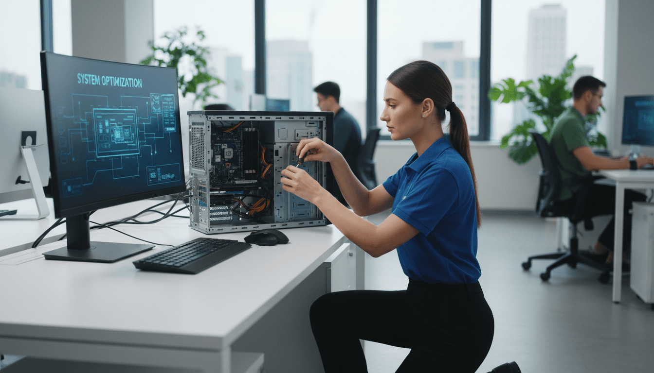 Tecnico IT configura un computer desktop in un ufficio moderno