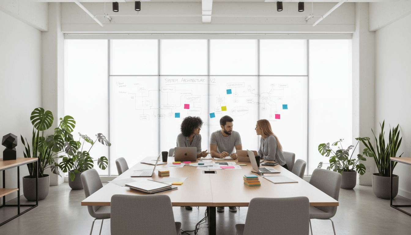 Professionali che discutono attrezzature informatiche in un ufficio moderno