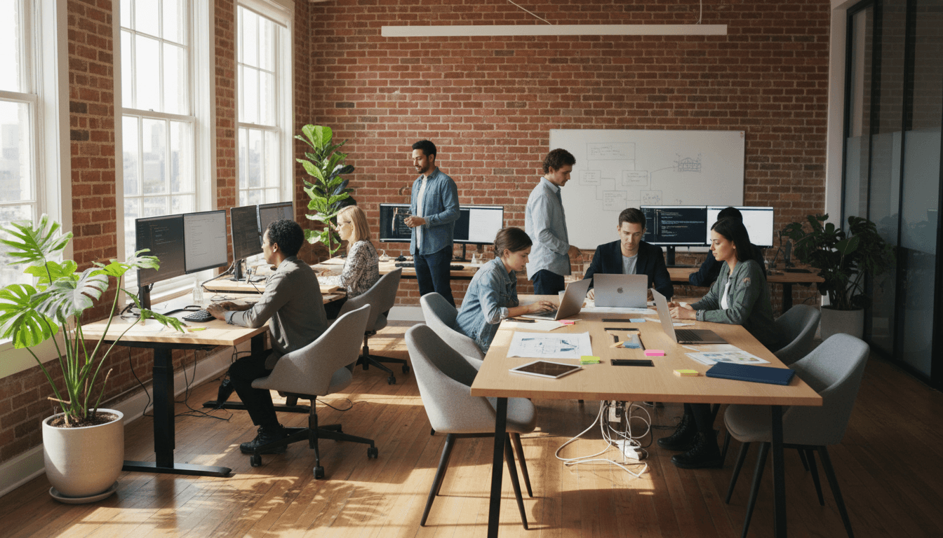 Postazione di lavoro moderna con computer e tecnologia professionale