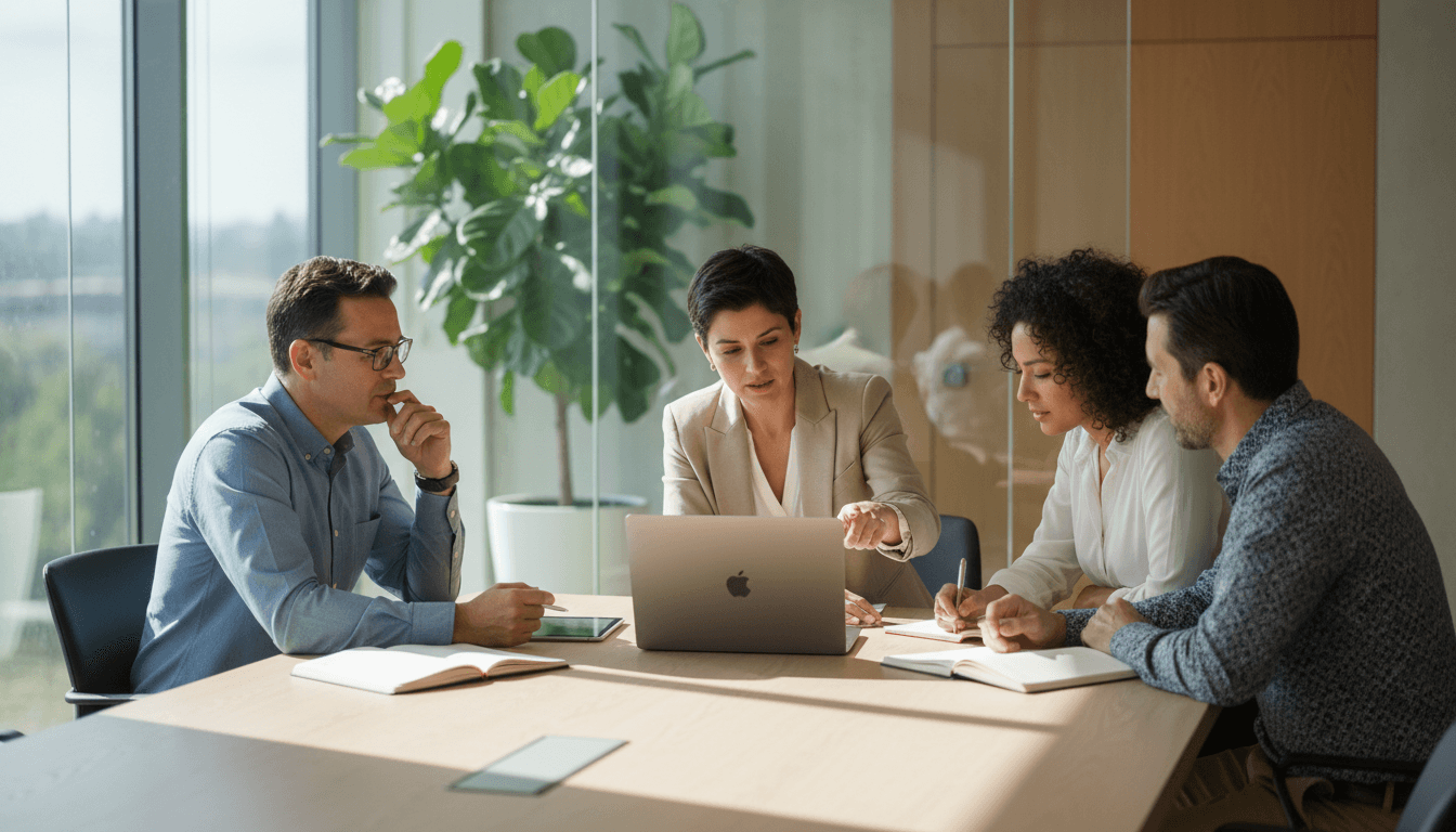 Professionisti che lavorano con computer e software in un ufficio moderno